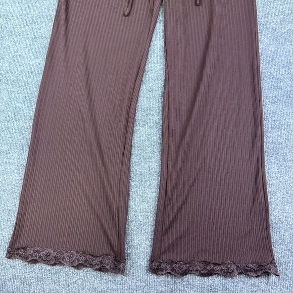 Womens Brown Ribbed Pinstripe Wide Leg Lace Detail Lounge Pants Drawstring Sz M - Picture 3 of 7
